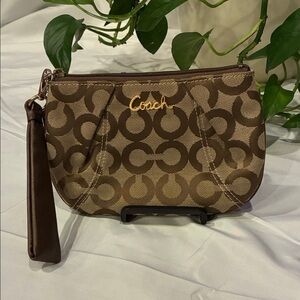 Coach Brown and Tan Curved Wristlet with Gold Coach Logo and Leather Trim (ABBA)